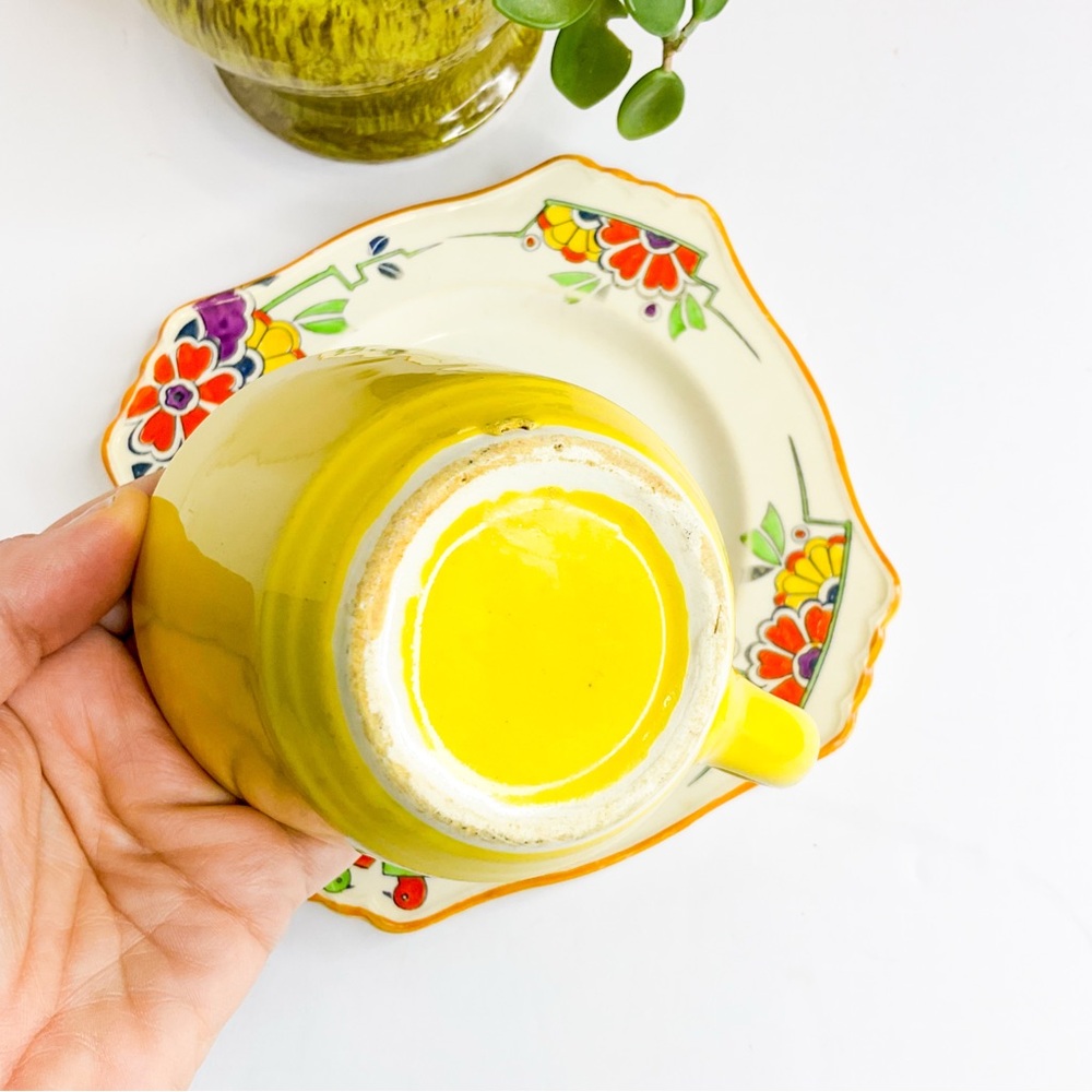 Vintage Art Deco Grimwades Bone China Floral Saucer With Yellow Mug - Picture 4 of 9